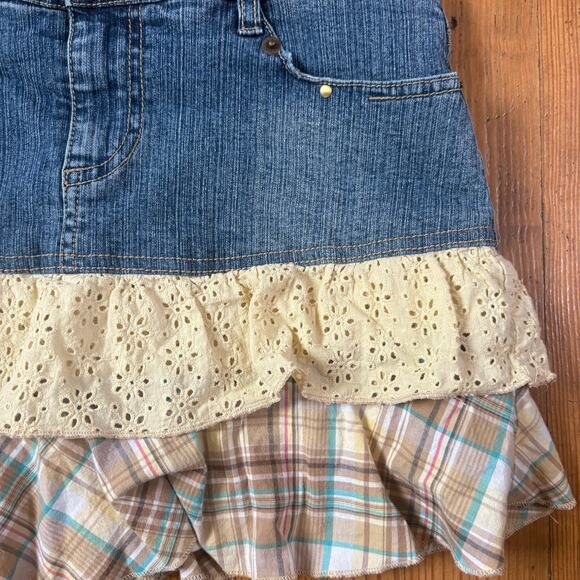 Jolt 90s jean tiered yellow plaid floral fabric shorts lined skort SIZE 16 - Picture 3 of 5